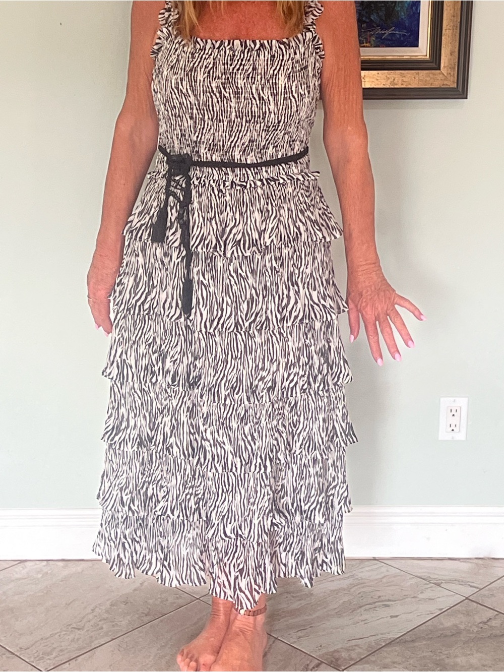 Tiered Zebra-Print Midi Dress in Black and White
